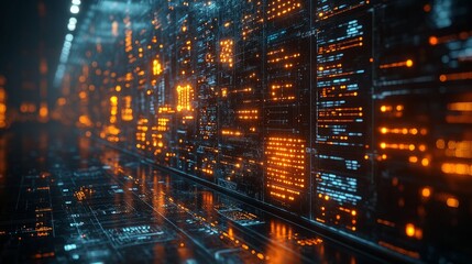 Futuristic digital server room with glowing orange and blue data streams.