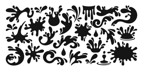 Collection of water splash and drops elements, different swirling and dripping liquid shapes