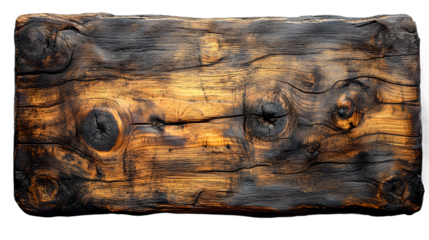 A wooden sign with a burnt look to it