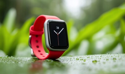 Smartwatch with red band on green leaf.