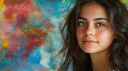 Colorful Abstract Background, Woman with Green Eyes Posing