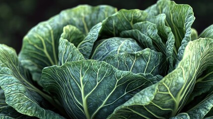 Fototapeta premium Fresh Green Cabbage Leaves Close-Up with Intricate Texture Detail