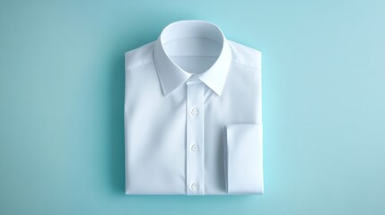 Folded white dress shirt on a pastel blue background.