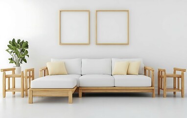 Minimalist living room interior with white sofa, wooden side tables, and two empty frames on a white wall.