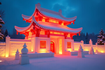 Obraz premium Traditional Temple Illumination at Harbin Festival v2