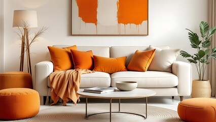 Minimalist interior design of modern living room. Beige fabric sofa with bright orange pillows.