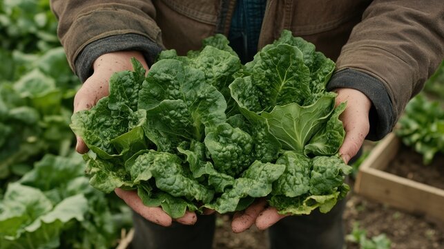 Photo of perspective from above big green lettuce in hands on loose soft earth in garden. agriculture background