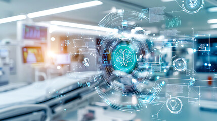 High tech hospital with digital interfaces and secure access points, showcasing advanced medical technology and data visualization