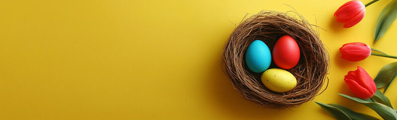Fototapeta premium Easter banner with colorful eggs in a nest and tulips on a yellow background, flat lay top view.