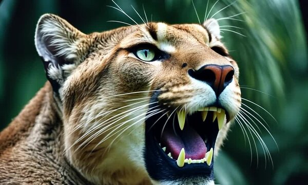 Roaring wild cat puma concolor with sharp teeth in nature outdoors close up video