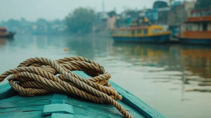 Rope Coiled on a Boat with Scenic River and Colorful Boats in Background