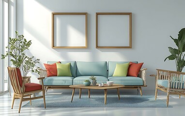 Fototapeta premium Bright living room with teal sofa, wooden chairs, coffee table, plants, and two empty frames.