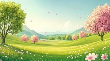 Serene spring landscape with blooming trees and flowers.