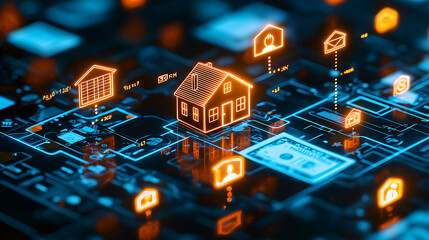 Digital property loan approval concept with glowing house icons and data
