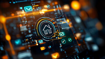 Obraz premium Digital approval screen with home icon and notifications, showcasing technology