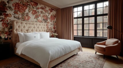 A stylish bedroom with a plush king-sized bed against ornate floral wallpaper. Soft curtains frame large windows, illuminating an inviting armchair and elegant decor.