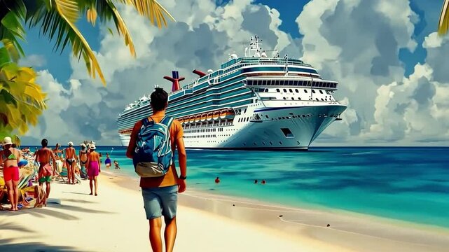 This image captures a joyful moment on a sunny beach. A traveler strolls near palm trees, while a magnificent cruise ship dominates the backdrop. Perfect for travel inspiration. Generative AI