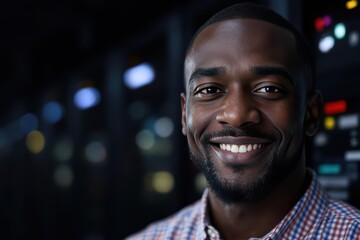 Close portrait of a smiling 40s Cameroonian male IT worker looking at the camera, against dark server room blurred background.