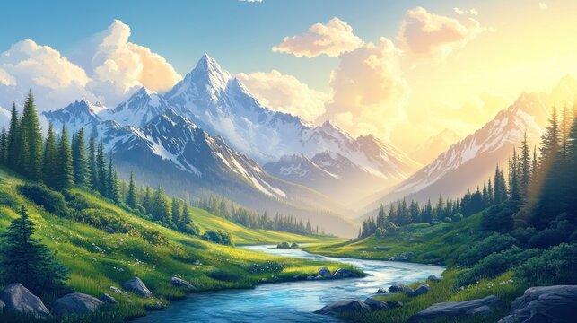 Majestic sunrise illuminates snow-capped mountains and a winding river through a lush green valley.