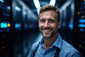 Fototapeta premium Close portrait of a smiling 40s Canadian male IT worker looking at the camera, against dark server room blurred background.