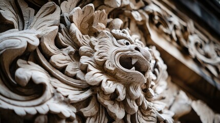 Intricate Carved Lion Head on Historic Architectural Facade