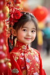 Chinese children dressed in colorful traditional attire participate in a cultural performance, surrounded by festive decorations, Chinese New Year celebrations, cultural heritage in Asia