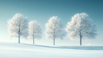 Three snow-covered trees on a frosty winter landscape.