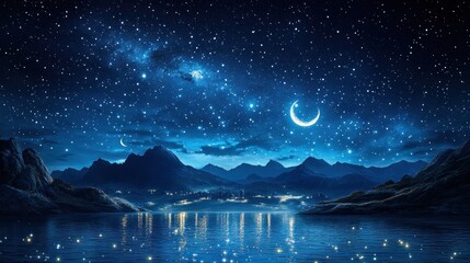 Fototapeta premium A serene night landscape featuring mountains, a lake, and a starry sky with a crescent moon.