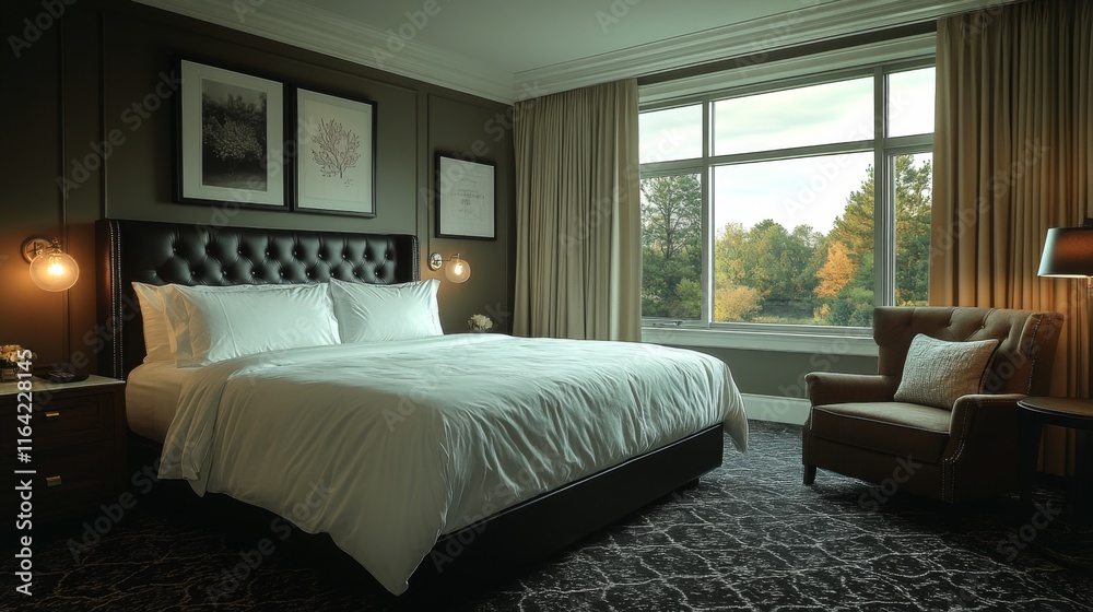 Poster this inviting guest room features a plush bed, stylish furnishings, and a large window offering beau