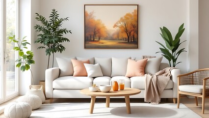 Cozy loveseat sofa near round accent coffee table. Scandinavian home interior design of modern living room in farmhouse.