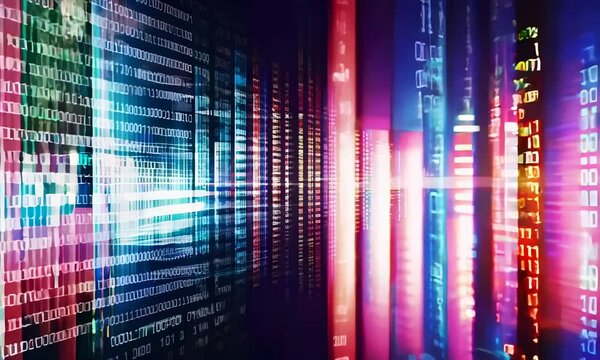 Digital Grunge Background with Data, Binary Code, and Glowing Neon Lights