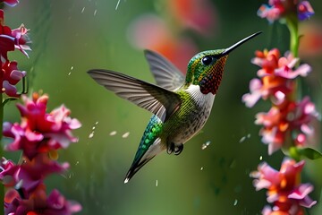 Fototapeta premium A tiny hummingbird suspended in mid-air, its wings a blur of motion as it drinks nectar from a cluster of vibrant red flowers. 