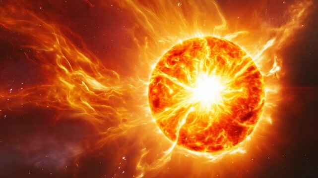 A dramatic scene of a star's death throes, showcasing a red giant shedding its outer layers, creating a colorful shell of gas and dust in the vastness of space