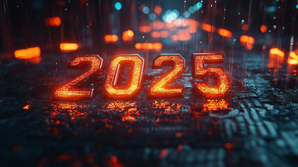 striking 3D lettering style of "2025" with a polished metallic finish, surrounded by glowing particles and light streaks. The text appears suspended in a futuristic environment with a glossy floor