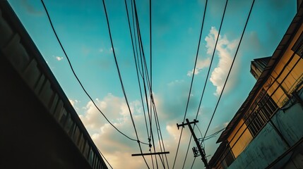 Obraz premium Urban Sky with Power Lines and Soft Clouds at Dusk