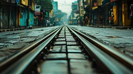 Tranquil Urban Scene of Railway Tracks Amidst City Life
