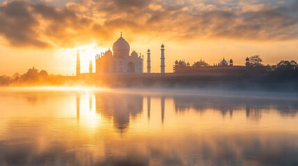 Fototapeta premium Sunrise over Taj Mahal reflected in foggy river.