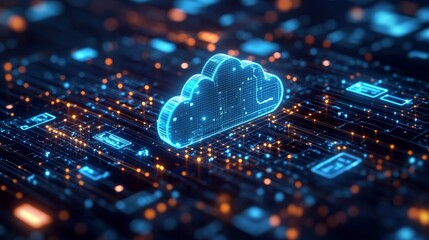 Futuristic glowing cloud computing symbol on digital circuit board.
