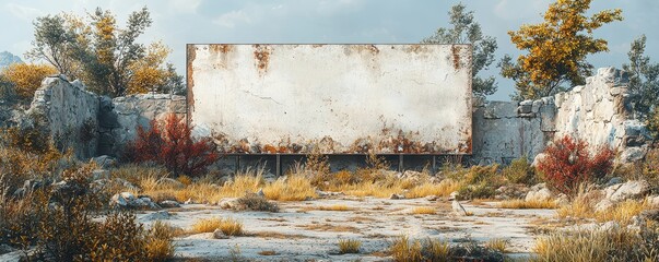 Naklejka premium A desolate landscape featuring a weathered billboard surrounded by overgrown plants and rocky terrain under a cloudy sky.