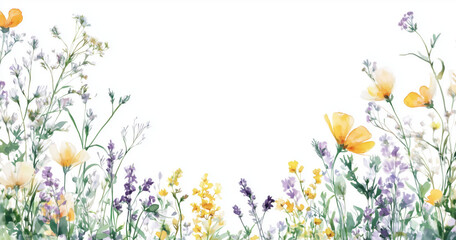 A colorful array of wildflowers fills the foreground, displaying shades of purple, yellow, and white. The blossoms stretch across the landscape in a joyful celebration of spring's arrival.