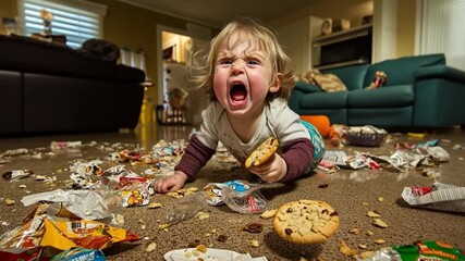 A child upset in a cluttered room full of crumbs and wrappers. The playful chaos shows the joy of childhood and the mess it can bring. Real-life moments captured. Generative AI
