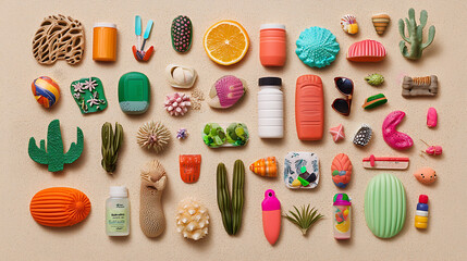 Colorful beach essentials arranged on sandy background, featuring vibrant items like sunglasses, fruits, and plants, evoking fun summer vibe