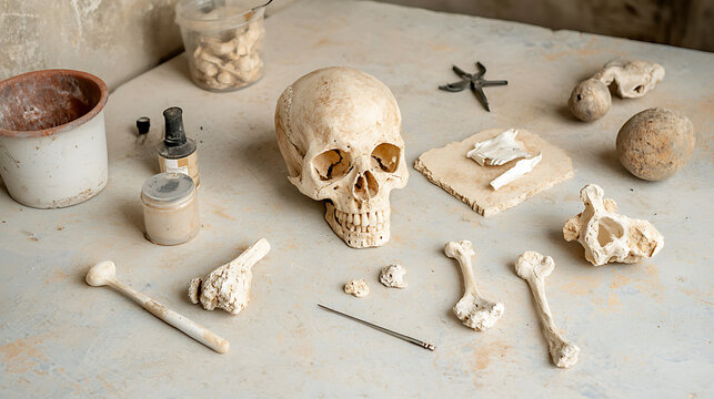 detailed view of bone cleaning tools and skull on preparation table, showcasing preservation process