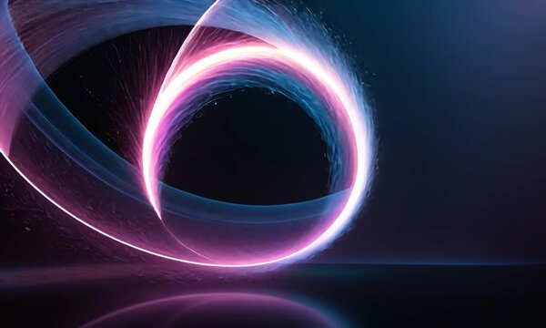 A glowing neon circular light art in vibrant pink and purple tones on a black background.