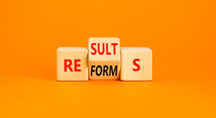 Reform and result symbol. Concept words Reforms Results on beautiful wooden block. Beautiful orange table orange background. Business Reforms and results concept. Copy space.