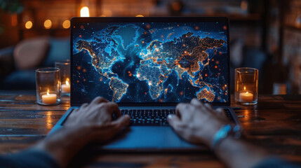 A world map on the display screen that the businessman is typing on. Worldwide international communication and connection, global market internet service.