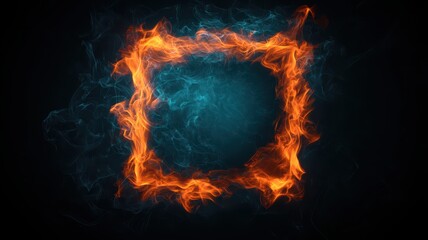 A glowing, fiery frame with swirling blue smoke in the center, creating a dramatic contrast against a dark background.