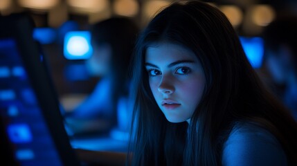 Teen girl intensely looking at camera in a dimly lit computer lab.