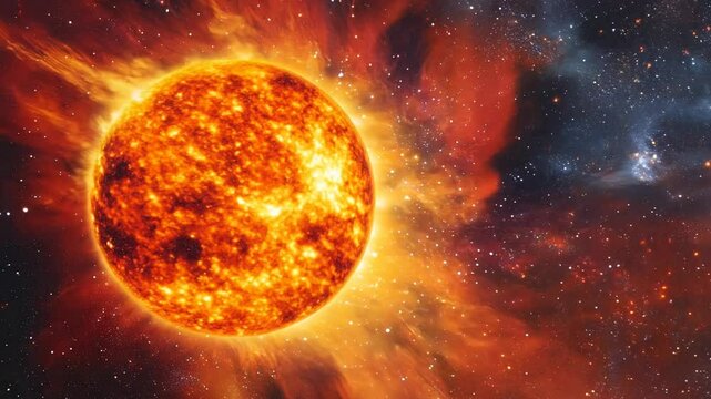 A dramatic scene of a star's death throes, showcasing a red giant shedding its outer layers, creating a colorful shell of gas and dust in the vastness of space