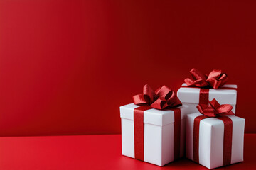 Fototapeta premium White gift boxes decorated with vibrant red bows on the bright background with space for text or design